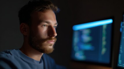 Programmer coding on dual monitors in dark room