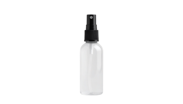 Clear spray bottle with black nozzle for cosmetics, sanitizer, liquid on transparent background