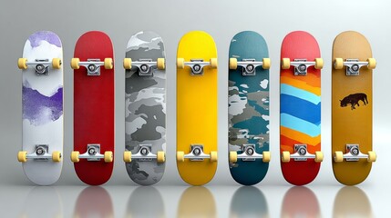 A row of skateboards with different colors and designs. The skateboards are arranged in a row, with the first one being red and the last one being yellow. The skateboards are all different sizes