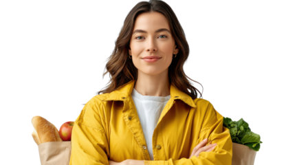 Happy Shopper: A cheerful individual stands confidently, holding grocery bags filled with fresh produce and essential groceries.