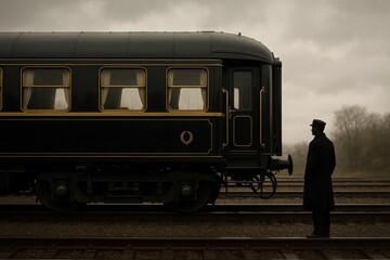 Fototapeta premium A Lone Conductor Awaits the Arrival of a Vintage Train