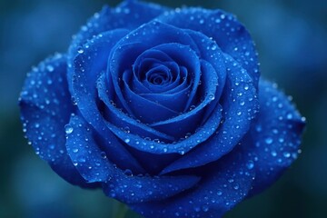 A solitary blue rose stands out in tranquility, its petals glistening with dew drops against a backdrop of soft blues