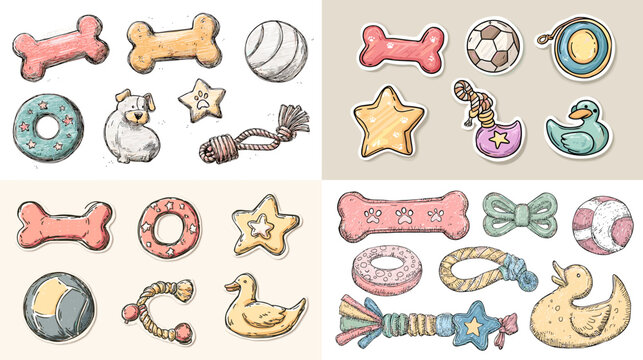 Playful hand-drawn illustrations of pet toys like bones, balls, ropes, and chew items in soft pastel tones. Ideal for pet shops, planners, or children’s educational content.

