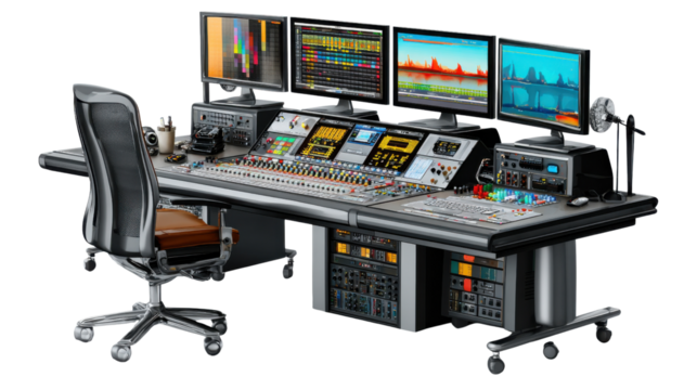 Sound Engineer's Command Center: A meticulously detailed view showcasing a cutting-edge sound mixing console, complete with multiple monitors, a professional chair, and an array of audio equipment.