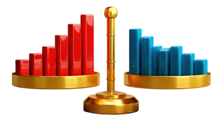 The Scales of Progress: A symbolic golden balance scale features red and blue bar graphs, representing upward and downward trends.