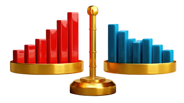 The Scales of Progress: A symbolic golden balance scale features red and blue bar graphs, representing upward and downward trends.