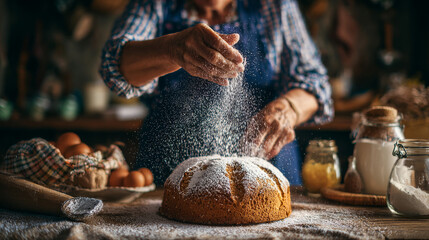 Female hands sprinkles Easter cake with icing sugar through sieve. Anonymous woman making traditional easter cake or sweet bread with topping. Easter treat.