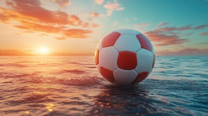 Soccer ball in ocean water at sunset with colorful sky view