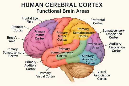 Human Cerebral Cortex Functional Brain Areas, Illustration