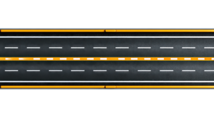 Roadway Infrastructure: A top-down perspective of a modern highway, showcasing the smooth asphalt, crisp lane markings, and safety barriers. 
