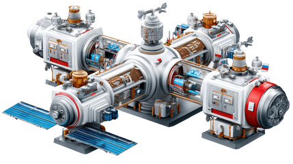Futuristic Space Station Design: A meticulously crafted illustration showcasing a complex orbital station, representing advancements in space exploration, with solar panels and modules.