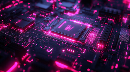 Obraz premium Futuristic circuit board with glowing pink lights and intricate electronic components, showcasing advanced technology and digital innovation in a vibrant, high-tech environment