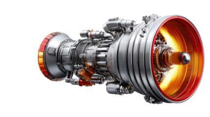 Intricate Jet Engine: A captivating image showcases a complex jet engine, revealing its detailed internal mechanisms. With a radiant orange glow emanating from within.