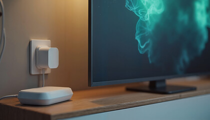 Charger unplugged from wall with TV in modern living room setting  