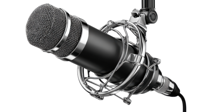 Studio Microphone: A close-up of a professional studio microphone, meticulously capturing sound with precision, a symbol of broadcast and recording.