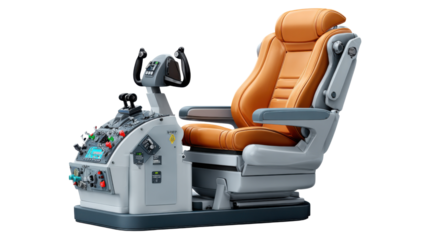 Avionic Simulation: A futuristic aviation seat with an integrated control panel, showcasing advanced technology and sleek design. 