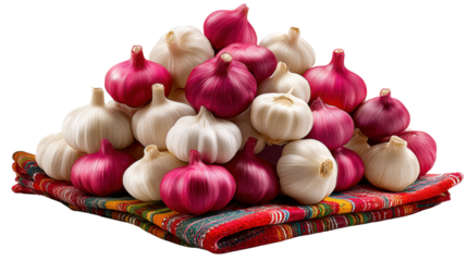 Vibrant Garlics: A visually appealing still life showcases a mix of radiant garlics on a colorful cloth. This image is perfect for culinary concepts and kitchen themed projects.