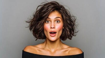 A woman with a short haircut and a surprised expression. She is wearing a black sweater. Concept of surprise and curiosity