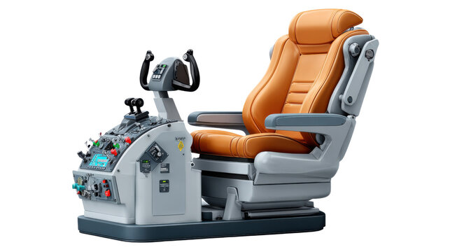 Avionic Simulation: A futuristic aviation seat with an integrated control panel, showcasing advanced technology and sleek design.