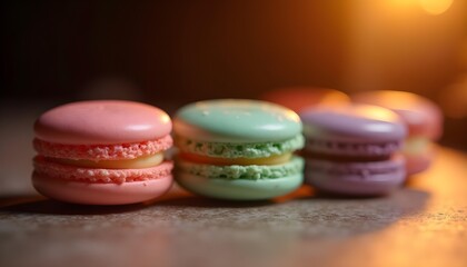Three vibrant macarons arranged in a neat row at the front of the frame, each a different pastel color&mdash;pink, mint green, and lavender. Dramatic side lighting casts deep shadows and highlights their sm