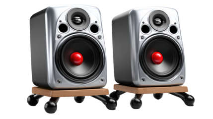 Audio Harmony: Two state-of-the-art speakers on stylish wooden supports, ready to fill any space with an acoustic masterpiece. 