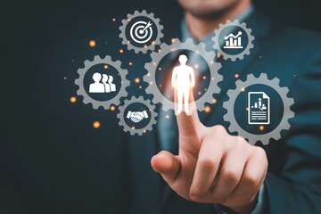 Digital Human Resources in Motion: A cutting-edge illustration depicting a person's interaction with a technological interface showcasing human resources. Featuring concepts such as teamwork.