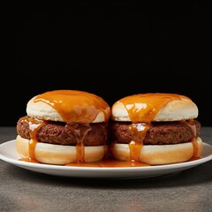 Appetizing Burgers Smothered in Thick Golden Sauce on Plate.