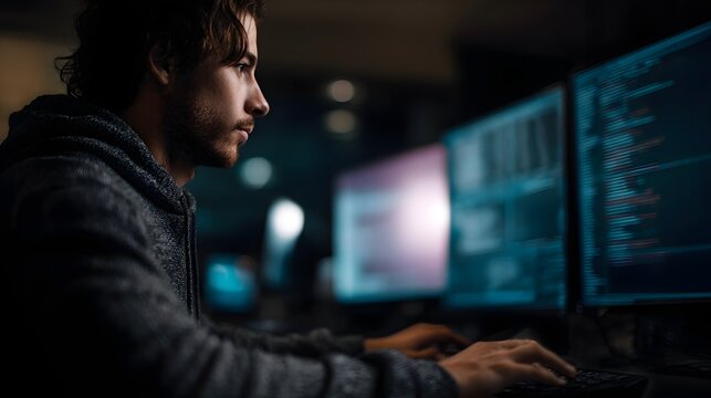 A programmer working on a multi monitor setup  long title A focused programmer deeply engrossed in coding and software development surrounded by a