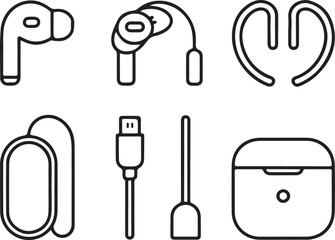 AirPods Accessories Icon Set Silicone Tips, Ear Hooks, Skins, Charging Cable, Cleaning Brush, and Case Cover