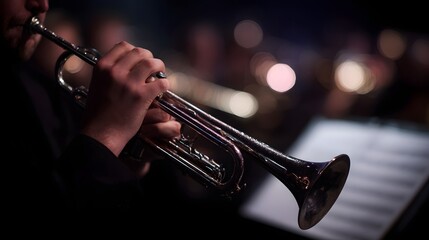 Obraz premium Trumpet player performing on stage under dramatic lighting