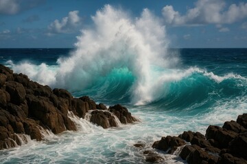 Fototapeta premium A Majestic Ocean Wave Breaks Over Rugged Coastal Rocks