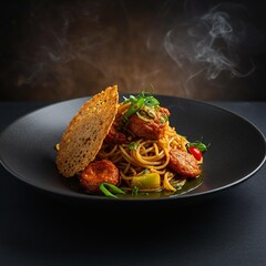 Elegant Steaming Pasta Dish with Crispy Wafer and Fresh Herbs.