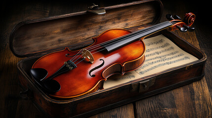 Fototapeta premium Violin resting in an open vintage case on a wooden surface, surrounded by sheet music, showcasing craftsmanship and musical heritage in a warm, inviting atmosphere