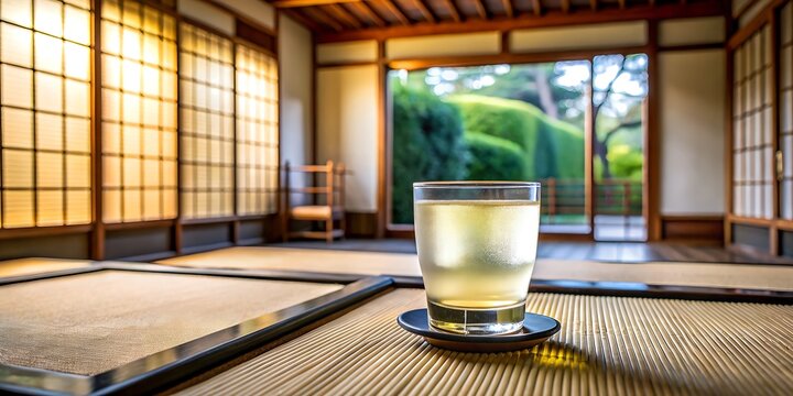 A refreshing glass of japanese green tea sits on a tatami mat in a traditional room with a view of a serene garden, evoking a sense of calm and tranquility
