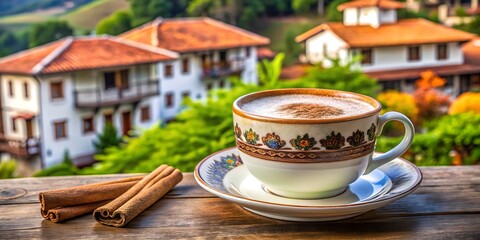 A cup of hot coffee with cinnamon sticks on a wooden table with a beautiful view of a rural village in the background on a sunny morning