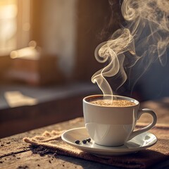 Aromatic Steaming Coffee Cup on Rustic Table with Sunlight