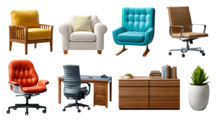 Diverse Collection of Comfortable Furniture: A comprehensive selection of meticulously crafted chairs and complementary furniture showcasing various designs, materials, and colors.