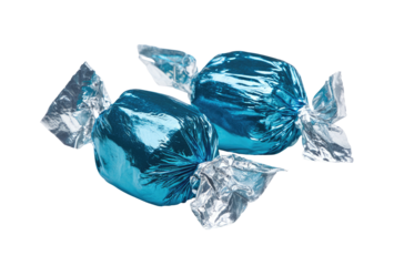 Two glossy, teal-blue hard candies, wrapped in translucent, silver foil