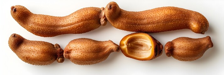 A bunch of small, spiky fruits with one of them cut open