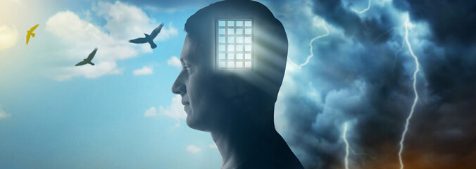 Silhouette of a man on the background of the prison bars, the sky and birds flying away as a symbol...