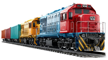 Obraz premium Colorful Train on the Railway Track: A vibrant train comprised of multiple locomotives and carriages, speeding along a railway track against a vibrant sky.