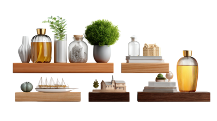 Organized Aesthetic: Wooden shelves showcasing carefully curated décor items in a harmonious composition, the scene inviting contemplation and tranquility.