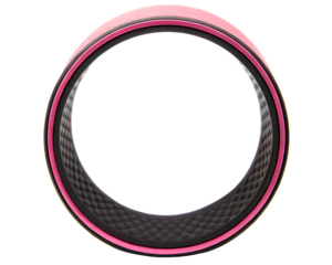 Pink and black yoga wheel for stretching and back support on a transparent background