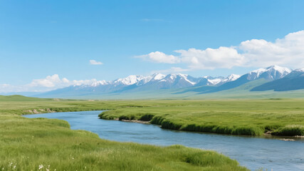 Serene River Flowing Through Lush Green Plains with Snow-Capped Mountains in the Background