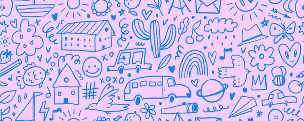Simple funky childish doodles seamless pattern on pink background. Girly motif drawings.