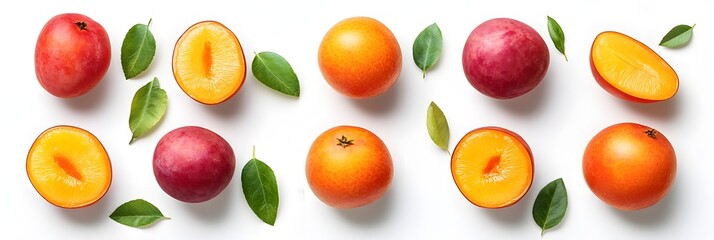 A row of fruit with a few oranges and a few plums