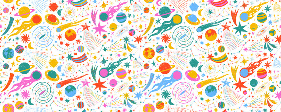 Colorful cosmic and starry seamless pattern. Crayon drawn childish stars and planets.