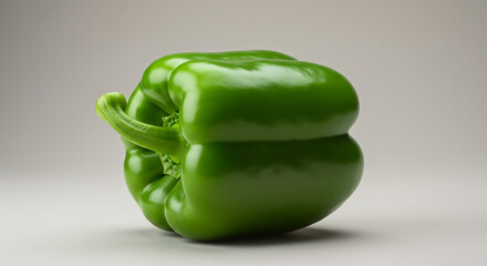 A single, perfectly shaped green bell pepper sits isolated on a plain gray background, highlighting its vibrant color and fresh appearance.