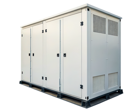 Large industrial metal cabinet for an outdoor power generator on a transparent background