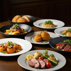 Elegant Spread of Gourmet Food on a Dark Table.